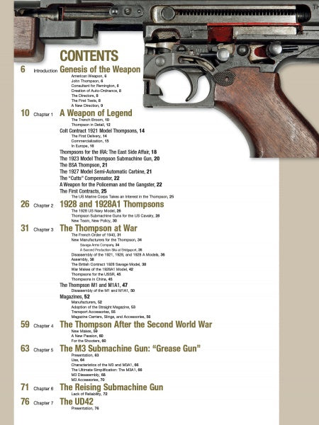 A contents page from "American Submachine Guns, 1919–1950" by Schiffer Publishing, Ltd. shows WWII submachine gun chapters. Beside it is a close-up of a Thompson's trigger, wood grip, and receiver.