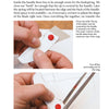A hand trims a knife template with scissors and a push pin, positioned on a ruler—one of the beginner-friendly techniques from "Pocketknife Making for Beginners" by Schiffer Publishing, Ltd., shown on a white surface.