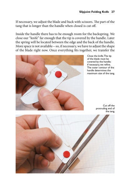 A hand trims a knife template with scissors and a push pin, positioned on a ruler—one of the beginner-friendly techniques from "Pocketknife Making for Beginners" by Schiffer Publishing, Ltd., shown on a white surface.