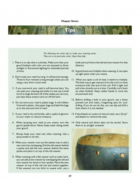 A page from Weaving on Gourds by Schiffer Publishing, Ltd. displays Chapter Seven: Tips, with a two-column list of basket weaving tips, a decorative header, and a close-up woven basket photo—great inspiration for DIY gourd projects.