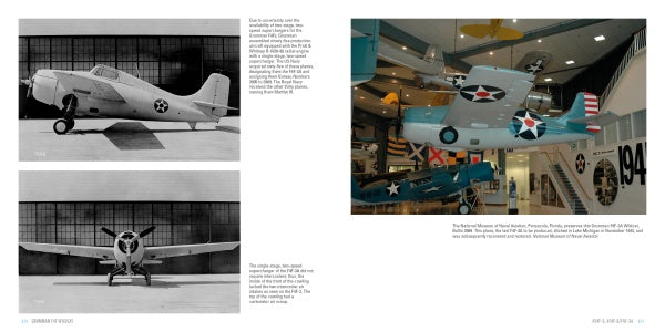 On the left, two black-and-white photos of a WWII naval fighter; on the right, a color photo of the Grumman F4F Wildcat by Schiffer Publishing, Ltd., displayed in a museum with other vintage planes in the background.
