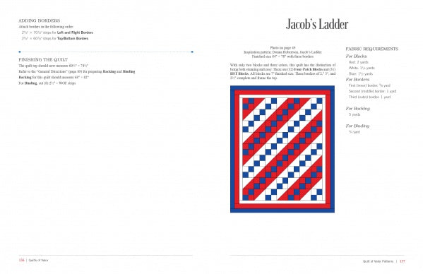 A page from Schiffer Publishing, Ltd.’s "Quilts of Valor" book displays Jacobs Ladder quilt instructions, fabric requirements, and a red, white, and blue geometric design—ideal inspiration for military quilts or Quilts of Valor projects.