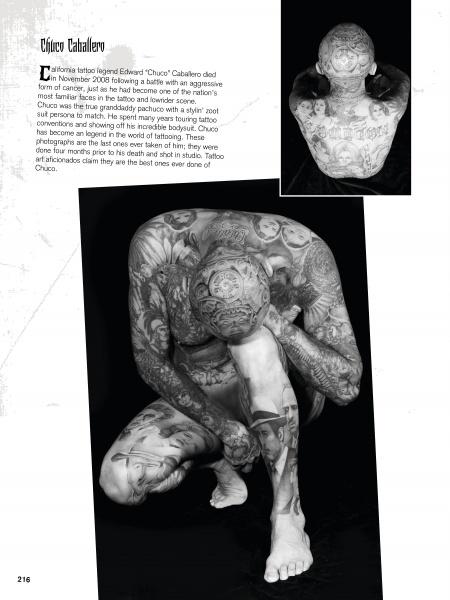 A heavily tattooed man crouches, showcasing intricate black and grey tattoos that embody the bold spirit of the American tattoo community, as featured in Revelations by Schiffer Publishing, Ltd.