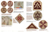 Desert Uniforms, Patches, and Insignia of the US Armed Forces by Schiffer Publishing, Ltd. showcases photos of US military patches—round, triangle, and shield-shaped with numbers and symbols—sewn onto uniforms, with detailed info throughout.