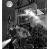 Two men with flashlights flee a gothic church under a full moon, as a glowing ghost appears above them—echoing eerie tales from "Ghosts of Greater Los Angeles" by Schiffer Publishing, Ltd. The dramatic scene is in black and white with intense shadows.