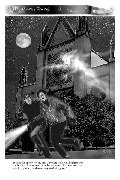 Two men with flashlights flee a gothic church under a full moon, as a glowing ghost appears above them—echoing eerie tales from "Ghosts of Greater Los Angeles" by Schiffer Publishing, Ltd. The dramatic scene is in black and white with intense shadows.