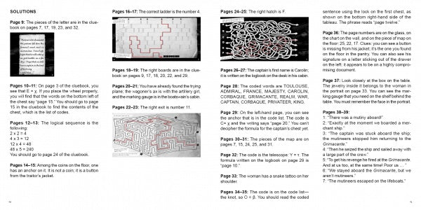 The Pirates Escape Game by Schiffer Publishing, Ltd. is a printed guide with text and grayscale maze images, puzzle boards labeled by page number, column instructions, and mystery thriller puzzles for kids with select images outlined in red.