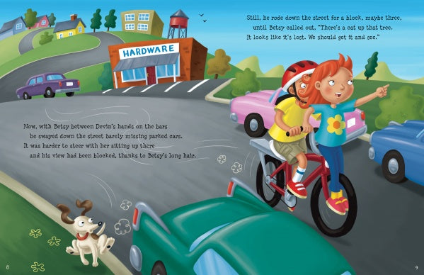 An illustration from "Bicycling Rules of the Road" by Schiffer Publishing, Ltd. shows two kids riding a bike together near parked cars, following safety rules, as a happy dog runs alongside. The background features colorful buildings, trees, and a hardware store.