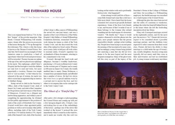 Two-page spread from "Breakthrough Ghost Photography of Haunted Historic Colonial Williamsburg, Virginia Part II" by Schiffer Publishing, Ltd., features haunted Williamsburg stories with a nighttime photo of Everard House lit in purple.