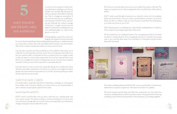 A spread from "The White Dress Destinations" by Schiffer Publishing, Ltd. features guest etiquette, save-the-date tips, and destination wedding advice, with photographed invitations in soft pink and beige on a white background.
