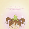 Charming illustration for "I Am Not a Princess!" by Schiffer Publishing, Ltd.: a smiling girl with brown pigtails and freckles, rosy cheeks, and a crowned green frog on her head against a light, starry background. Perfect for children's books.