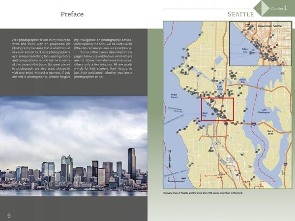 The book “Scenic Seattle” by Schiffer Publishing, Ltd. opens with a preface and a cityscape photo of Seattle on the left page, and a map of top photo spots on the right—a perfect introduction to your Seattle photography journey.
