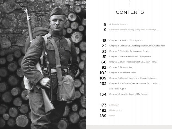 A black-and-white photo of a WWI soldier stands before stacked logs, symbolizing military service. Beside it, the table of contents for "Forgotten Soldiers of World War I" by Schiffer Publishing, Ltd. lists chapters and page numbers.