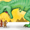 A large green T. rex looms over two small, surprised cartoon dinosaurs and a startled capybara, all with exclamation marks above their heads, set against a yellow sky. From "Untitled" by Schiffer Publishing, Ltd.