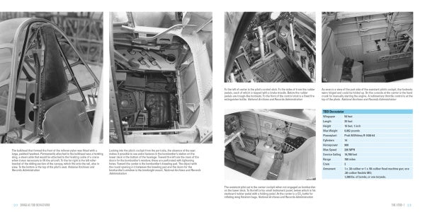 Four black-and-white photos feature detailed cockpit and interior views of the Douglas TBD Devastator. A blue-highlighted sidebar lists the WWII US Navy torpedo bomber’s specs, published by Schiffer Publishing, Ltd.
