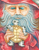 A bearded man in a red coat holds a diamondback terrapin, gazing at it—perfect for "Jemma's Got the Travel Bug" by Schiffer Publishing, Ltd., a children’s educational book about the Chesapeake Bay.