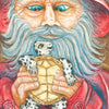 A bearded man in a red coat holds a diamondback terrapin, gazing at it—perfect for "Jemma's Got the Travel Bug" by Schiffer Publishing, Ltd., a children’s educational book about the Chesapeake Bay.