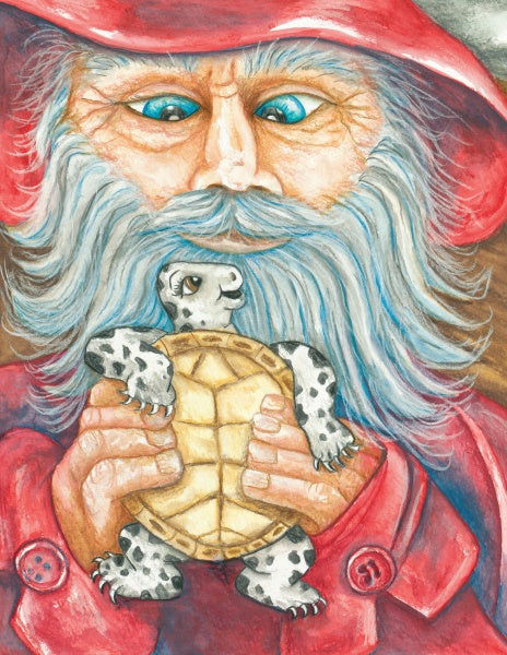 A bearded man in a red coat holds a diamondback terrapin, gazing at it—perfect for "Jemma's Got the Travel Bug" by Schiffer Publishing, Ltd., a children’s educational book about the Chesapeake Bay.