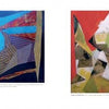 A two-page spread in "Contemporary Cape Cod Artists" by Schiffer Publishing, Ltd. features three vibrant abstract paintings with geometric shapes and bold reds, blues, and whites, each accompanied by a small caption on a white background.