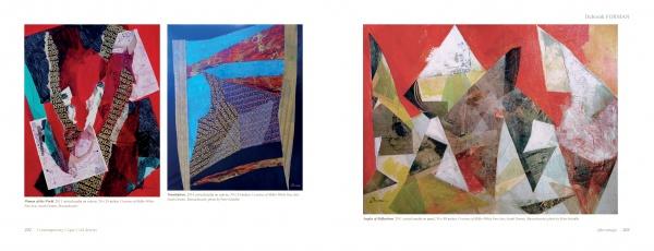A two-page spread in "Contemporary Cape Cod Artists" by Schiffer Publishing, Ltd. features three vibrant abstract paintings with geometric shapes and bold reds, blues, and whites, each accompanied by a small caption on a white background.