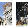 Left: A historic building with columns and a clock tower amid autumn trees in Chester County, PA. Right: A bronze ram statue on a rock pedestal near stairs. Featured in "Brandywine Valley" by Schiffer Publishing, Ltd.