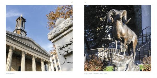 Left: A historic building with columns and a clock tower amid autumn trees in Chester County, PA. Right: A bronze ram statue on a rock pedestal near stairs. Featured in "Brandywine Valley" by Schiffer Publishing, Ltd.