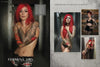 A heavily tattooed, long red-haired woman—featured as a standout model in Ink ’N Girls 2 by Schiffer Publishing, Ltd.—poses topless with one arm over her chest on one page and in black lingerie on the other, alongside three smaller images.