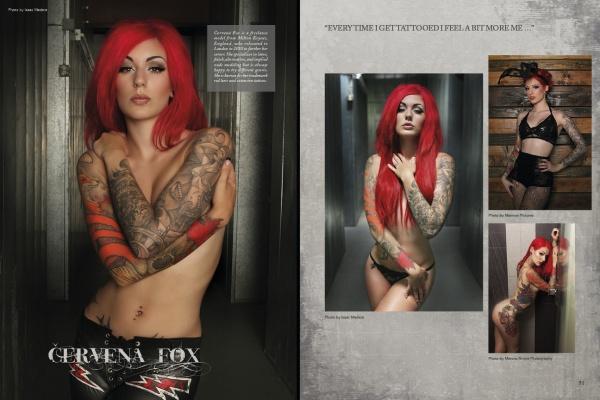 A heavily tattooed, long red-haired woman—featured as a standout model in Ink ’N Girls 2 by Schiffer Publishing, Ltd.—poses topless with one arm over her chest on one page and in black lingerie on the other, alongside three smaller images.