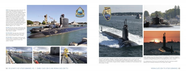 The US Navy's Fast-Attack Submarines, Vol. 2 by Schiffer Publishing, Ltd. features a two-page spread with photos of fast-attack subs at sea and in port, informative text, and two submarine-themed insignias.