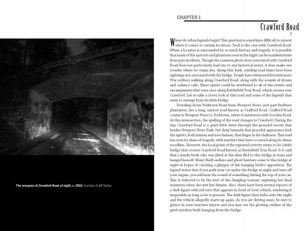 A black-and-white photo shows a dimly lit Crawford Road overpass with graffiti-covered walls, introducing Chapter 1 in "Ghosts of Yorktown, Virginia" by Schiffer Publishing, Ltd.—a haunted tour of local legends.