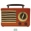 The Schiffer Publishing, Ltd. Retro Radio features a vintage red design with a black handle, gold speaker grille, large tuning dial, and two black front knobs—ideal for classic radio enthusiasts.