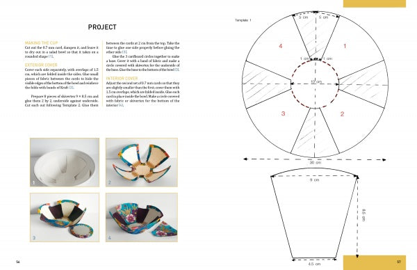 Vintage Cardboard Crafting by Schiffer Publishing, Ltd. offers a step-by-step guide with text, diagrams, and four photos for making a fabric bowl inspired by antique boxes, plus a circular cutting template and side-view assembly diagram.