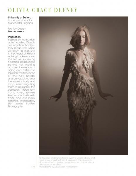 A woman models a long, sheer, feathered gown in a softly lit studio. Beside her, text highlights Olivia Grace Deeney and her womenswear designs, excerpted from Schiffer Publishing, Ltd.'s Europe: Rising Fashion Designers.
