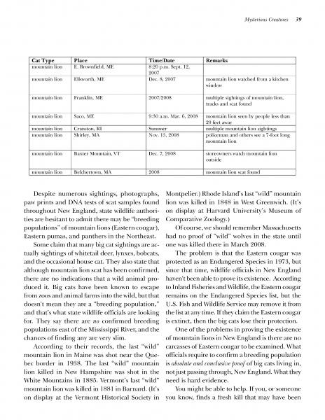 A table in "New England Graveside Tales" (Schiffer Publishing, Ltd.) lists 2002–2008 mountain lion sightings in MA and NH—covering cat type, location, date, and remarks—followed by detailed sighting descriptions.
