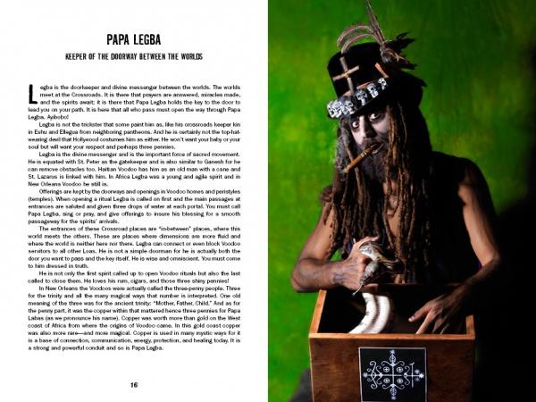 A man as Papa Legba—dreadlocks, tall hat, face paint, and cigar—holds a veve box against green in this vivid image from Justice Howard's Voodoo by Schiffer Publishing, Ltd. Papa Legba text features on the left side.