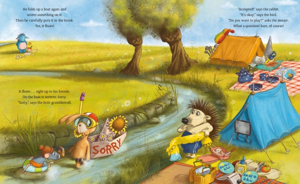 A colorful illustration from The Grumbletroll by Schiffer Publishing, Ltd. shows animals picnicking by a creek with tents—rabbits, hedgehogs, and birds all enjoying the scene—perfect for helping children manage anger.
