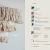 On the left, a fringed woven lampshade hangs with "Contents" beside it. On the right, a table of contents lists sections and pages for beginner projects and weaving techniques from Welcome to Weaving by Schiffer Publishing, Ltd.