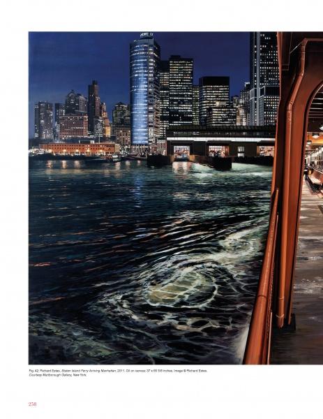 The cover of Painted Landscapes by Schiffer Publishing, Ltd. features a city waterfront at night, with illuminated skyscrapers and a ferry nearing the dock, swirling water patterns, and the ferry’s deck and railings visible on the right.