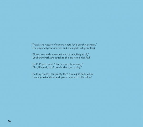 A page from Rupert's Tales shows text on a blue background, a fairy smiling at Rupert, and a chat about changing day lengths and Pagan traditions. The Wheel of the Year is explored, with page 30 marked in the bottom left corner.