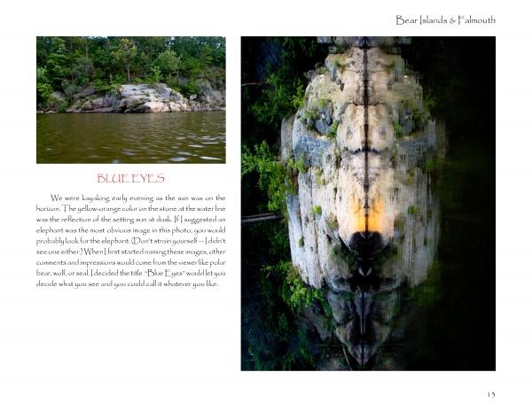 On the left, "Faces of the Susquehanna" (Schiffer Publishing, Ltd.) shows a photo of the river and trees; on the right, a Verti-zontal Art image transforms rocks into an elephant’s face. Kayaking scene text appears below.