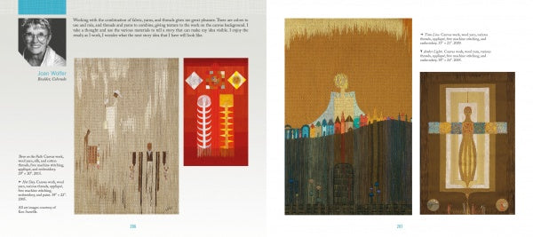 A two-page spread in Schiffer Publishing, Ltd.'s "Artistry in Fiber, Vol. 1" highlights Joan White’s photo, bio, and three striking geometric and symbolic fiber artworks, each with descriptions, set on a white and light aqua backdrop.