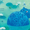 A blue hippo with floral patterns peeks from a pond of lily pads, frogs, dragonflies, and white flowers. Inspired by an Egyptian hippo from the Louvre. "Hide-and-Seek with Little Hippo" by Schiffer Publishing, Ltd. Text: Look carefully, Little Hippo!.
