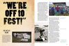A magazine spread features bold “WE’RE OFF TO FEST!” text, festival signs, and people at the Philadelphia Folk Festival, with columns narrating musical heritage—all showcasing Smiling Banjo from Schiffer Publishing, Ltd.