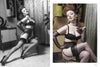 A woman in vintage lingerie and stockings poses seductively in a retro room—a classic scene from Retro Glamour Photography of Mark Anthony Lacy by Schiffer Publishing, Ltd., with one black-and-white and one color image reflecting his iconic style.