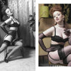 A woman in vintage lingerie and stockings poses seductively in a retro room—a classic scene from Retro Glamour Photography of Mark Anthony Lacy by Schiffer Publishing, Ltd., with one black-and-white and one color image reflecting his iconic style.