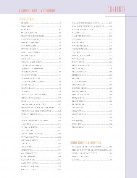 A table of contents page for The SFP LookBook: Mercedes-Benz Fashion Week Spring 2014 Collections by Schiffer Publishing, Ltd. lists headings like Contents and The Collections in a light font on white, spotlighting Spring 2014 runway looks.