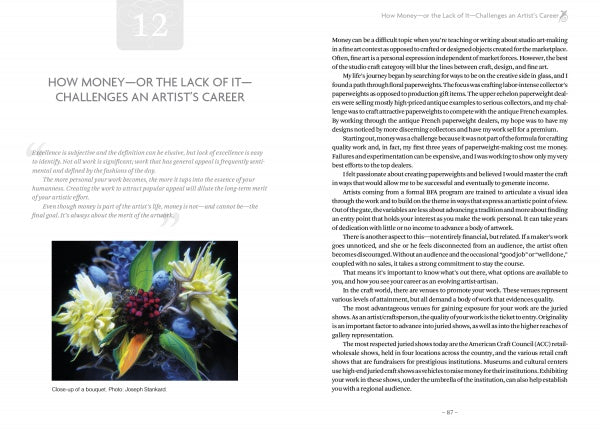 A magazine spread features "How Money—or the Lack of It—Challenges an Artist’s Career." The left page has a bouquet photo; the right discusses how financial struggles shape self-directed learning in Studio Craft as Career by Schiffer Publishing, Ltd.
