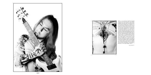 Black-and-white portrait of a long-haired person with musician tattoos, eyes closed, head on an electric guitar. Next to it is a close-up of the guitar’s body and text. Product: Musical Ink by Schiffer Publishing, Ltd.