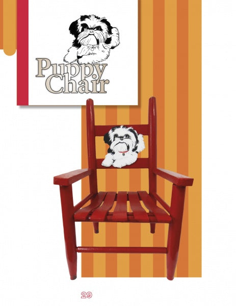 A children's chair inspired by "Creating Decorative Chairs for Children" from Schiffer Publishing, Ltd. is set against orange stripes, featuring a cartoon puppy face—ideal for adding playful decor to kids’ rooms.
