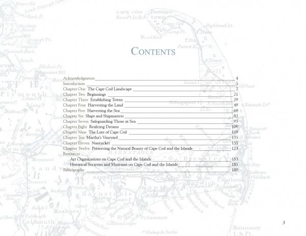 The table of contents in Cape Cod and the Islands by Schiffer Publishing, Ltd. lists chapters on Cape Cod’s landscape, towns, resources, shipwrecks, and art groups with page numbers. A faint map and references to oil paintings enhance the background.